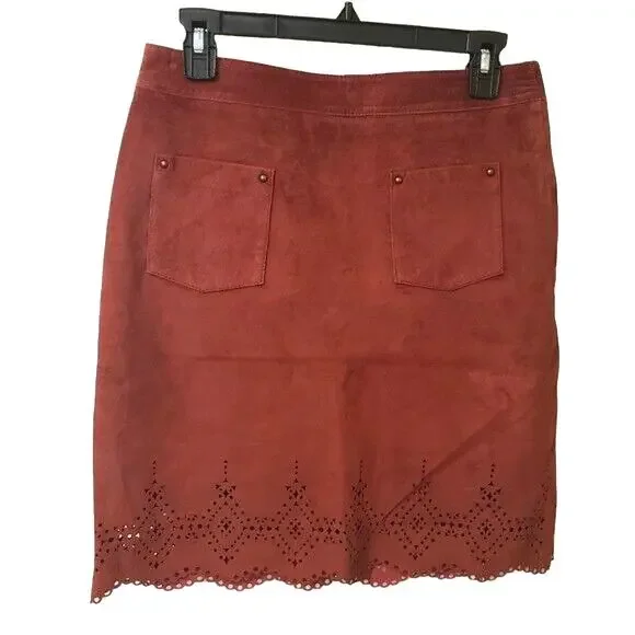 New Anthropologie Napa Laser Cut Leather Skirt by Maeve $198 Red/Bronze Size 6 - Picture 5 of 6